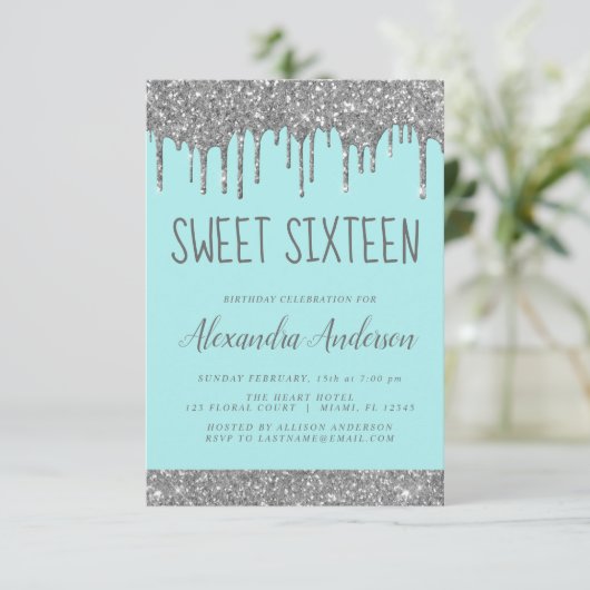Zilver Blauwgroen Glitter Sparkle Elegant Sweet 16 Kaart (Staand voorkant)