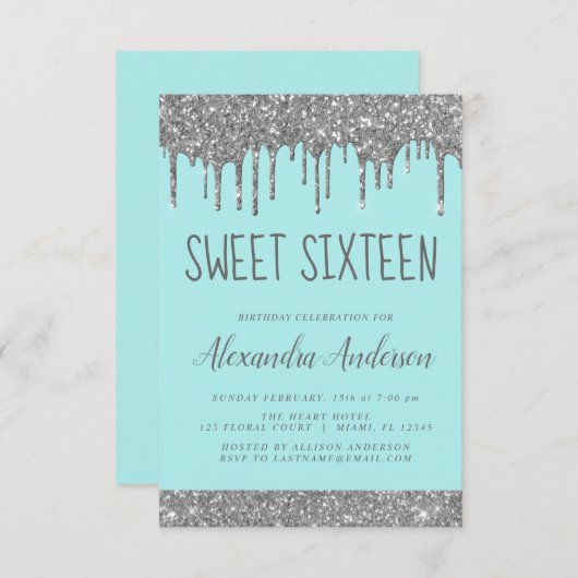 Zilver Blauwgroen Glitter Sparkle Elegant Sweet 16 Kaart (Voorkant / Achterkant)