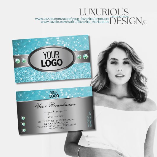 Zilver Blauwgroen Glitter Sparkle Rhinestones en L Visitekaartje