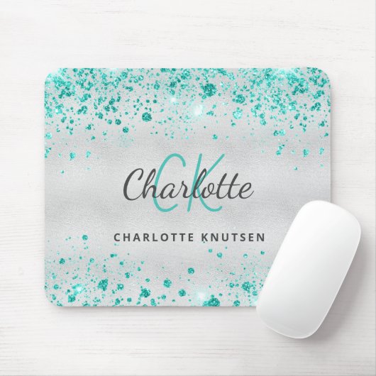 Zilver blauwgroen glitter zee groen monogram metal muismat (Met muis)