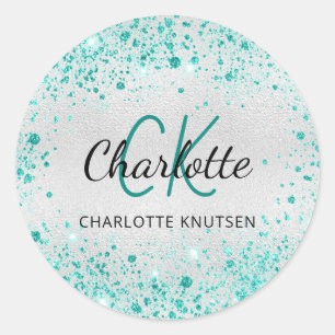 Zilver blauwgroen glitterstof groene monogram naam ronde sticker