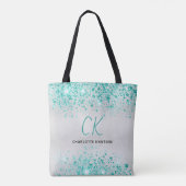 Zilver blauwgroen groene glitter monogram naam gla tote bag (Achterkant)