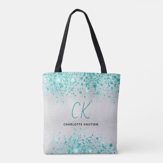 Zilver blauwgroen groene glitter monogram naam gla tote bag (Achterkant)
