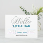 Zilver, Blauwgroen | Modern Typografie Boy Baby sh Kaart (Staand voorkant)