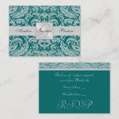 Zilver & Blauwgroen Monogram Damask Wedding RSVP-k Informatiekaartje (Voorkant / Achterkant)