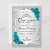 Zilver Blauwgroen Quinceanera Invitation Kaart (Voorkant)