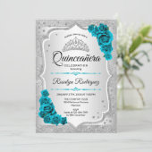 Zilver Blauwgroen Quinceanera Invitation Kaart (Staand voorkant)