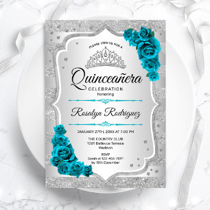 Zilver Blauwgroen Quinceanera Invitation Kaart