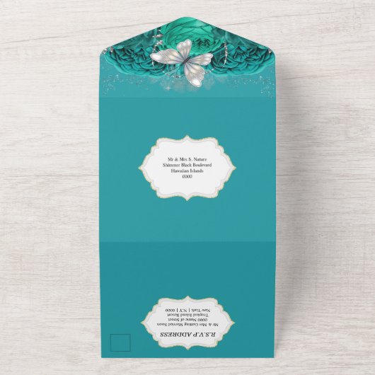 Zilver blauwgroen vlinderkrulkikkervisschimmer gli all in one uitnodiging (Buitenkant)