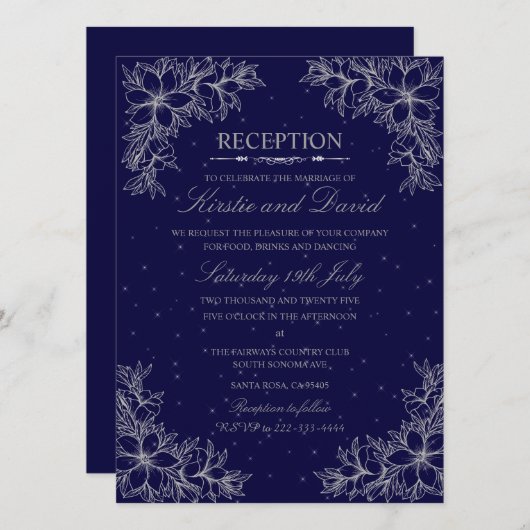 Zilver  Bloemen Bruiloft Receptie Kaart (Voorkant / Achterkant)