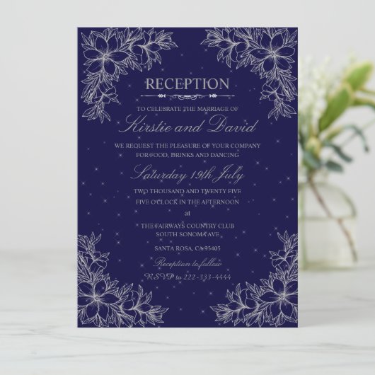 Zilver  Bloemen Bruiloft Receptie Kaart (Staand voorkant)