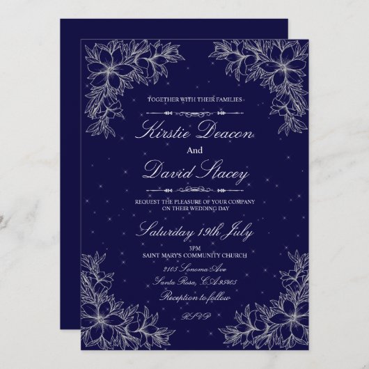 Zilver  Bloemen Bruiloft Uitnodiging (Voorkant / Achterkant)