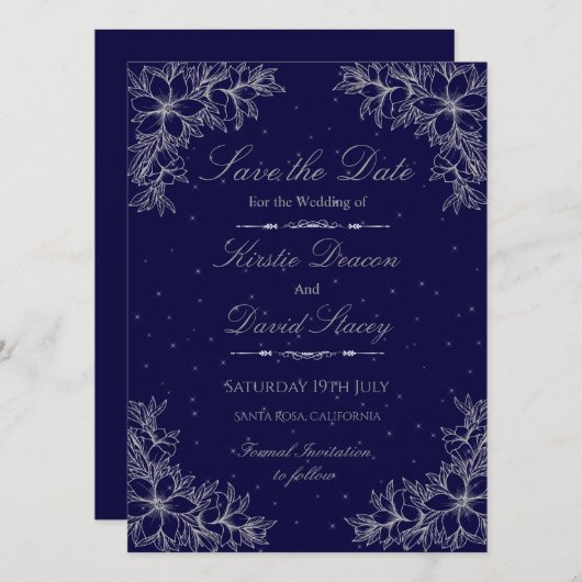 Zilver Bloemen Bruiloft Uitnodiging (Voorkant / Achterkant)