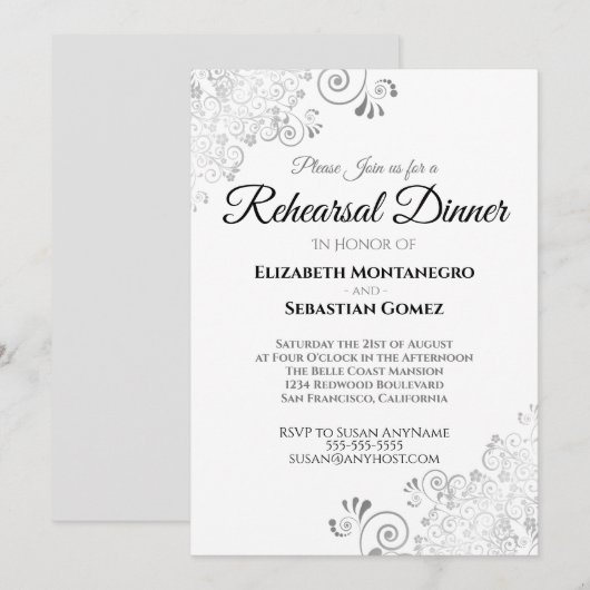 Zilver Bloemen Filigraan Bruiloft repetitie diner Kaart (Voorkant / Achterkant)