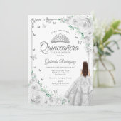 Zilver Bloemen Waterverf Rozen Quinceanera Kaart (Staand voorkant)