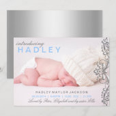 Zilver & Blue Damask Birth Announement Aankondiging (Voorkant / Achterkant)
