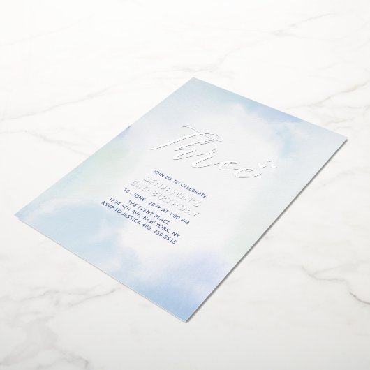 Zilver & Blue Heart 3rd Boy Birthday Party Folie Uitnodiging (Gedraaid)