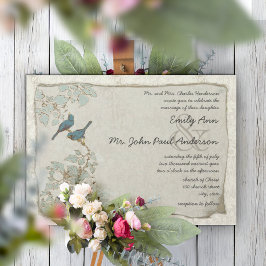 Zilver Blue Love Bird Damask Wedding Invitations Kaart