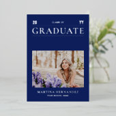 Zilver & Blue Modern Photo Afstuderen Aankondiging (Staand Voorkant)