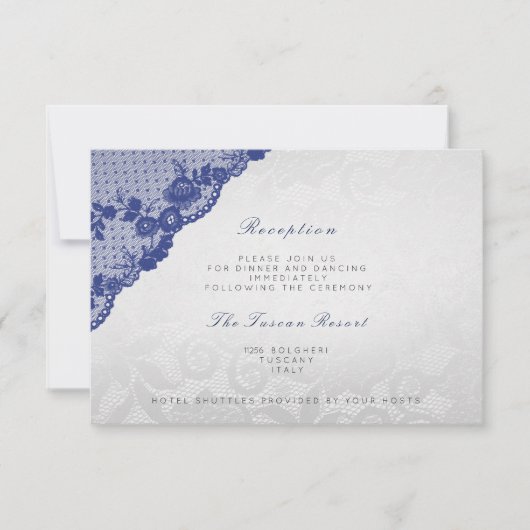 Zilver Blue Navy Lace Vip Weddenschappen Reception Kaart (Voorkant)
