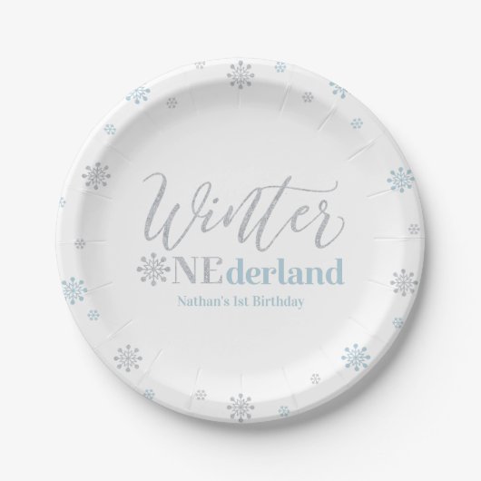 Zilver & Blue Winter Onederland 1e verjaardag Papieren Bordje (Voorkant)