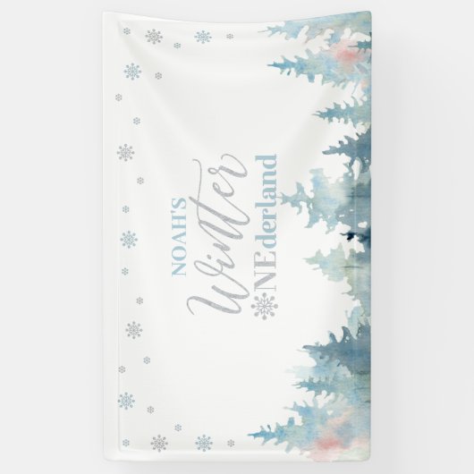Zilver & Blue Winter Onederland 1e verjaardag Spandoek (Verticaal)