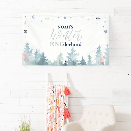 Zilver & Blue Winter Onederland 1e verjaardag Spandoek (Insitu)