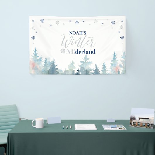 Zilver & Blue Winter Onederland 1e verjaardag Spandoek (Beurs)