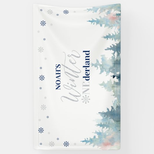 Zilver & Blue Winter Onederland 1e verjaardag Spandoek (Verticaal)
