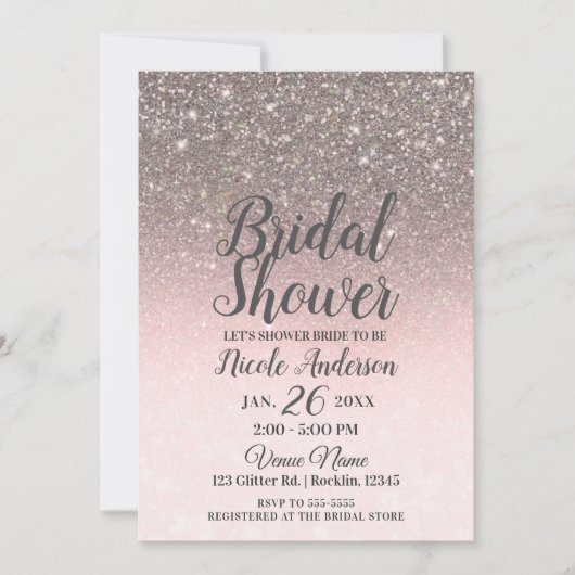 Zilver & Blush Roze Glitter Glans Bruidsfeest Kaart (Voorkant)