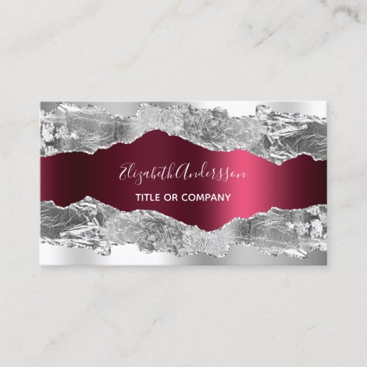 Zilver bordeauxrood marmer QR-code Visitekaartje (Voorkant)