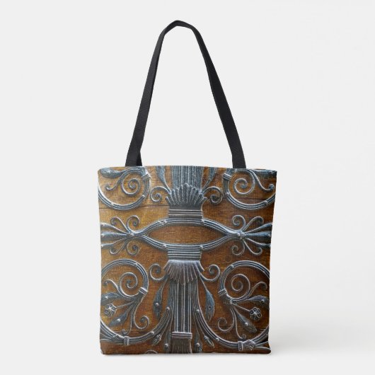 Zilver bruin hout funky uitziende deur tote bag (Achterkant)