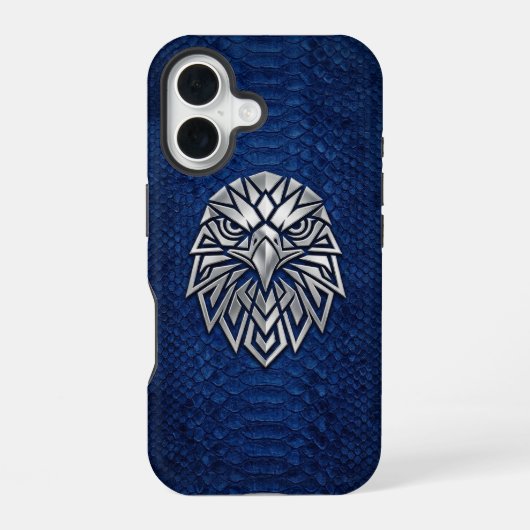 Zilver Chrome Geometrische Adelaar Blauwe Python i iPhone 16 Hoesje (Achterkant)