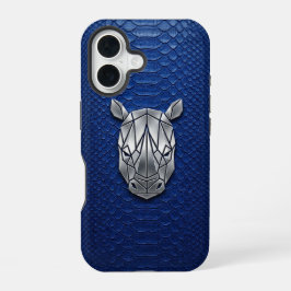 Zilver Chrome Geometrische Neushoorn Blauwe Python iPhone 16 Hoesje
