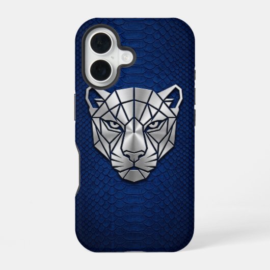 Zilver Chrome Geometrische Panter Blauwe Python iP iPhone 16 Hoesje (Achterkant)