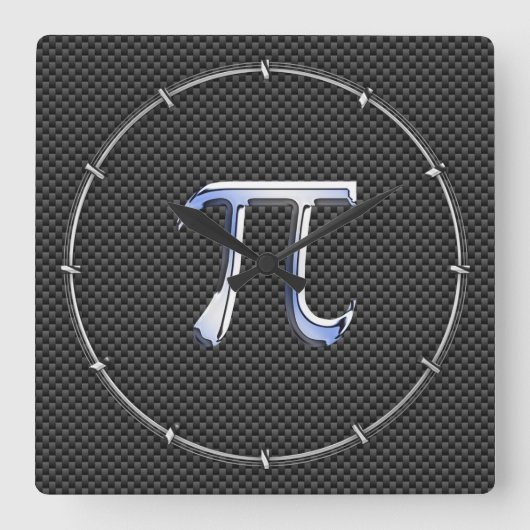 Zilver Chroom Als Pi Symbool op Koolstofvezel Vierkante Klok (Voorkant)