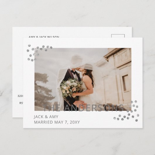Zilver Confetti Fotobruiloft Aankondiging Briefkaart (Voorkant / Achterkant)