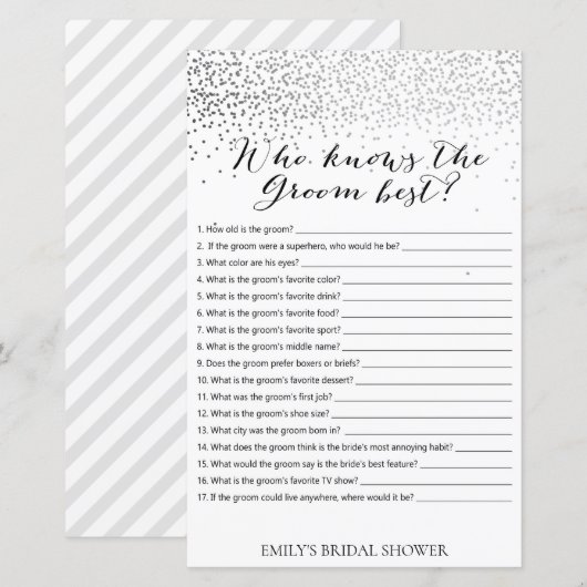 Zilver Confetti Vrijgezellenfeest Game PRINED (Voorkant / Achterkant)