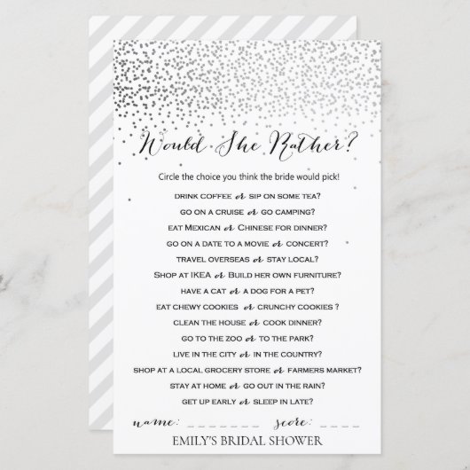 Zilver Confetti Vrijgezellenfeest Game PRINED (Voorkant / Achterkant)