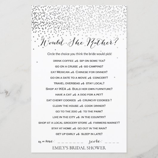 Zilver Confetti Vrijgezellenfeest Game PRINED (Voorkant)