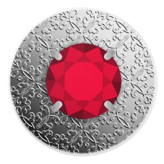 Zilver Damask met een faux garnetsteen Keramische Knop (Voorkant)