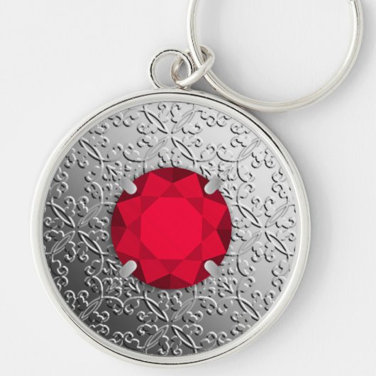 Zilver Damask met een faux garnetsteen Sleutelhanger (Voorkant)
