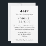 Zilver de nacht voor casino thema kaart<br><div class="desc">Deze "avond voor" de bruiloft repetitie diner uitnodiging is perfect voor een Las Vegas viering, na feest of receptie en beschikt over faux zilver glitter en witte kaart pak symbolen op een zwarte achtergrond met volledig gepersonaliseerde tekst. Fancy bruiloft of een simpele vlucht, alles wat je nodig hebt is liefde...</div>