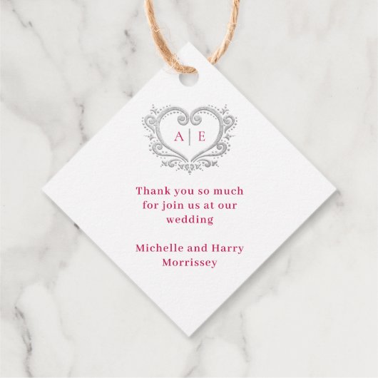 Zilver decoratieve monogram rode bruiloft bedankjes labels (Achterkant)