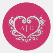 Zilver decoratieve monogram rode bruiloft ronde sticker (Voorkant)