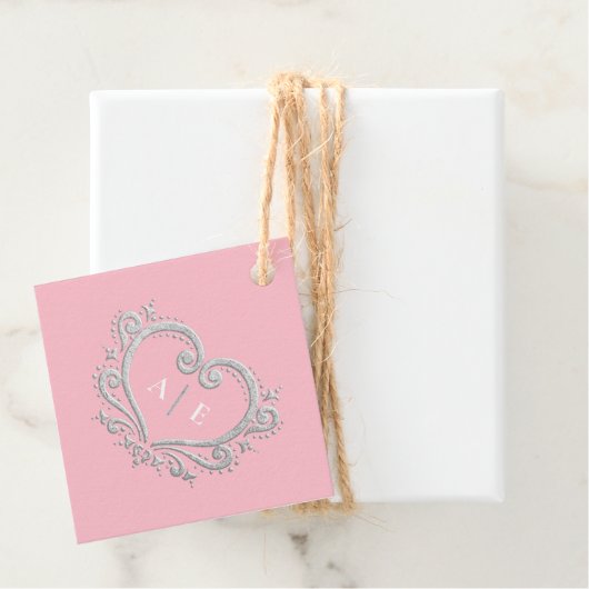 Zilver decoratieve monogram roze bruiloft bedankjes labels (In situ)