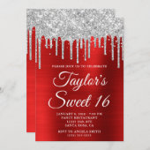 Zilver Dripping Glitter Rode Folie Sweet 16 Kaart (Voorkant / Achterkant)