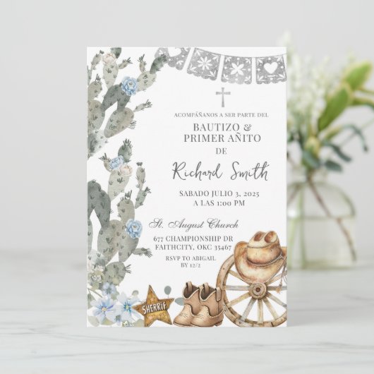Zilver Dusty Blue Cowboy Spanish Bautizo Kaart (Staand voorkant)