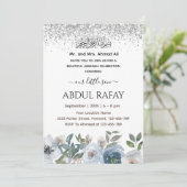 Zilver Dusty Blue Floral Islamic Aqiqa Aqeeqa Kaart (Staand voorkant)