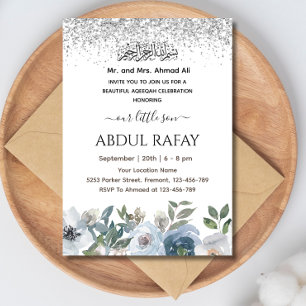 Zilver Dusty Blue Floral Islamic Aqiqa Aqeeqa Kaart